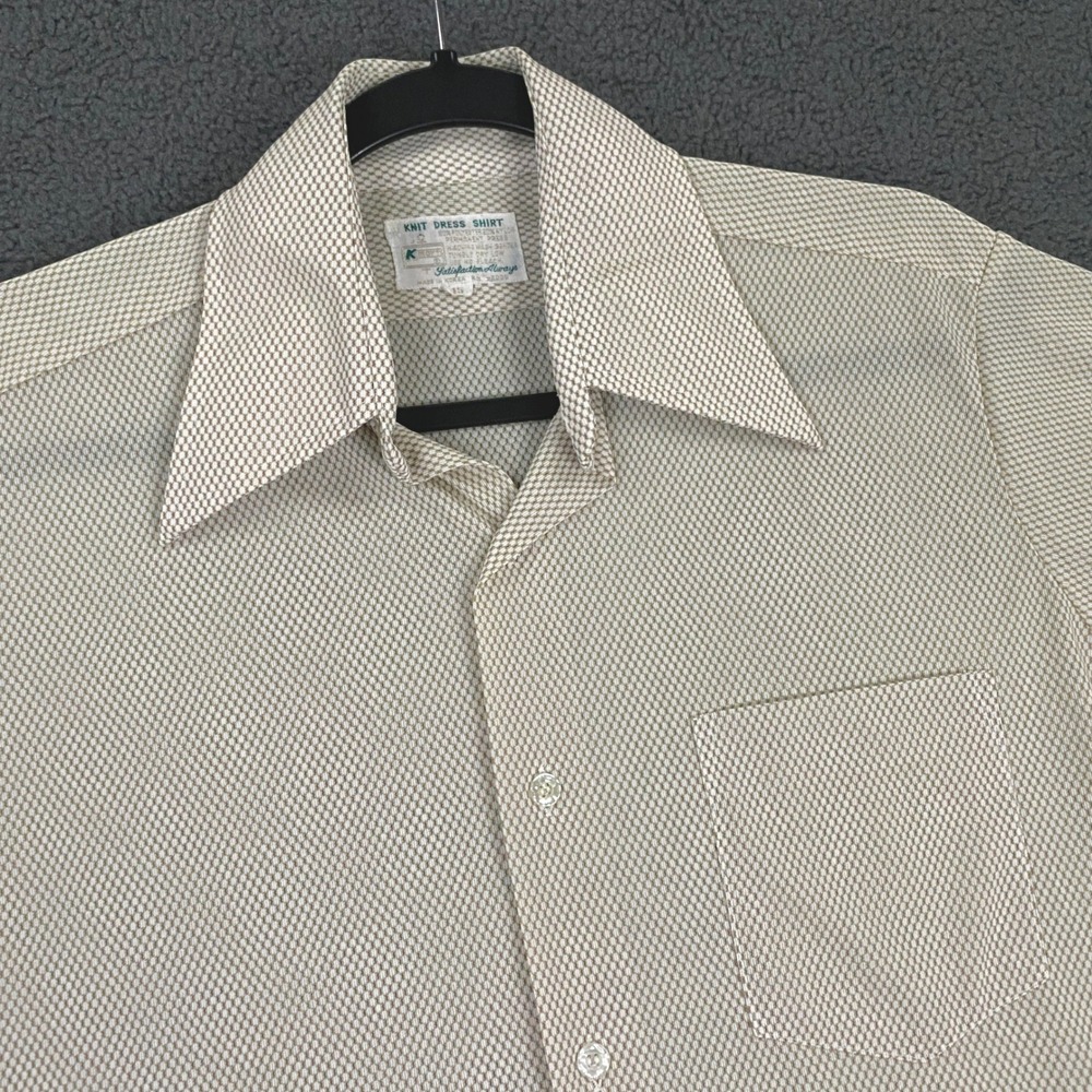 K-Mart Dress Shirt Mens 15 Tan Knit Dress Dagger Collar Disco Retro Vintage 70s